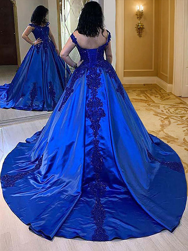 Ballkleid Satin Applikationen Träger Ärmellos Hofschleppe Kleider Ballkleid Ballkleider