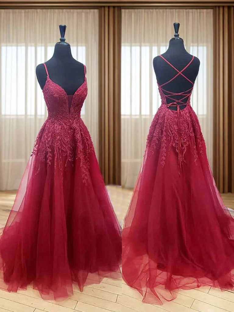 A-Line/Princess Tulle Applique V-neck Sleeveless Sweep/Brush Train Dresses Prom Dress Ball Gowns