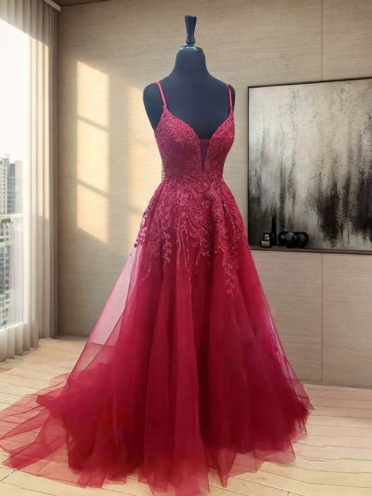 A-Line/Princess Tulle Applique V-neck Sleeveless Sweep/Brush Train Dresses Prom Dress Ball Gowns