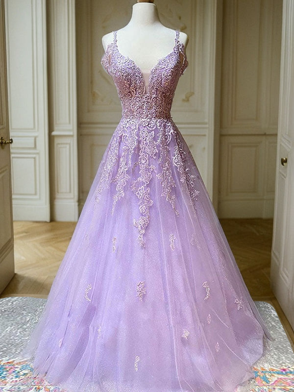 A-Line/Princess Tulle Applique V-neck Sleeveless Sweep/Brush Train Dresses Prom Dress Ball Gowns