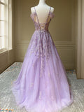 A-Line/Princess Tulle Applique V-neck Sleeveless Sweep/Brush Train Dresses Prom Dress Ball Gowns