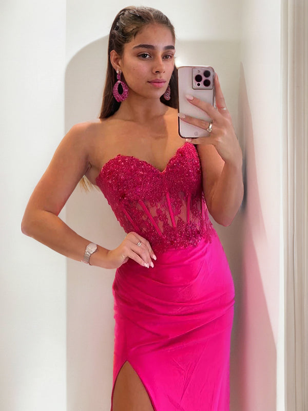 Vestido de fiesta de noche con escote en forma de tubo/columna, elástico, de crepé, con apliques, escote corazón, sin mangas y cola larga