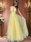 A-Line/Princess Ruffles V-neck Sleeveless Sweep/Brush Train Dresses Prom Evening Dress