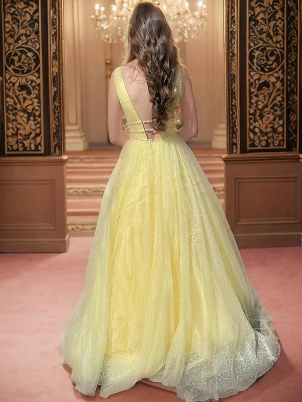 A-Line/Princess Ruffles V-neck Sleeveless Sweep/Brush Train Dresses Prom Evening Dress