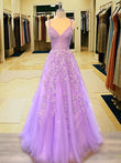A-Line/Princess Tulle Applique V-neck Sleeveless Sweep/Brush Train Dresses Prom Dress Ball Gowns