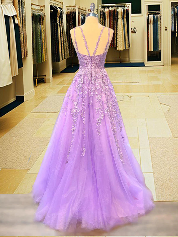 A-Line/Princess Tulle Applique V-neck Sleeveless Sweep/Brush Train Dresses Prom Dress Ball Gowns
