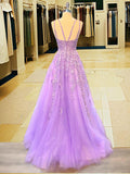 A-Line/Princess Tulle Applique V-neck Sleeveless Sweep/Brush Train Dresses Prom Dress Ball Gowns