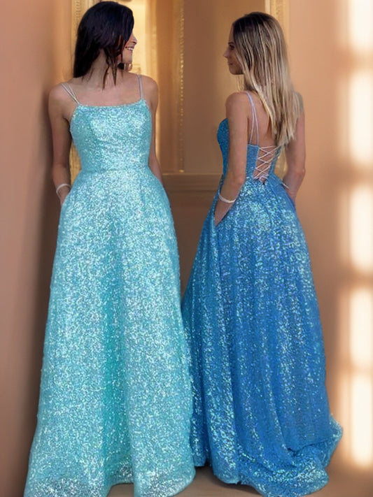 A-Linie/Princess-Linie Pailletten Spaghettiträger Ärmellos Sweep/Pinsel zug Kleider Ball-/Abendkleid