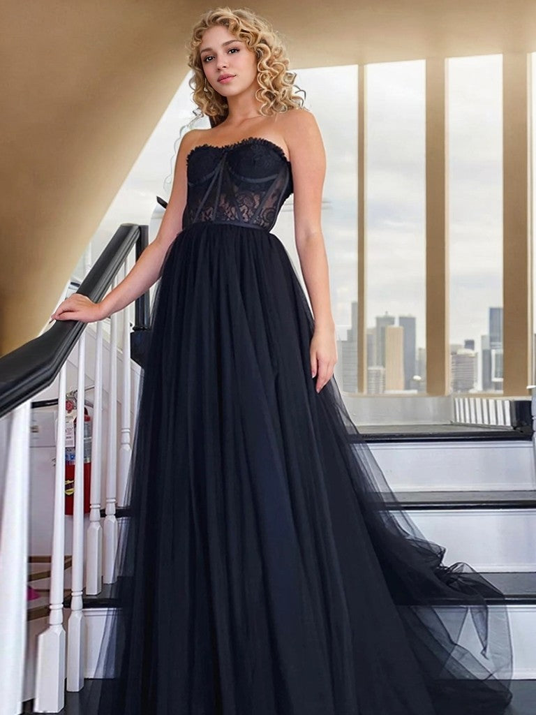 A-Line/Princess Tulle Lace Strapless Sleeveless Sweep/Brush Train Dresses Prom Evening Dress