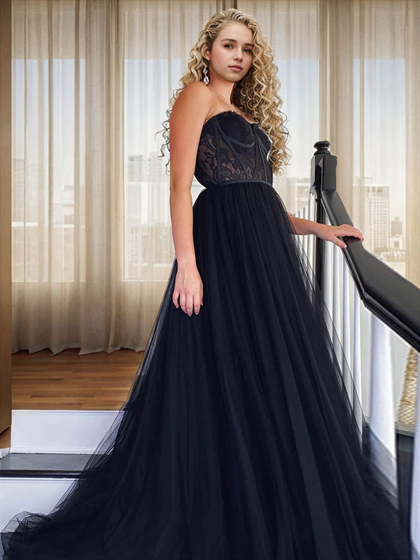 A-Line/Princess Tulle Lace Strapless Sleeveless Sweep/Brush Train Dresses Prom Evening Dress