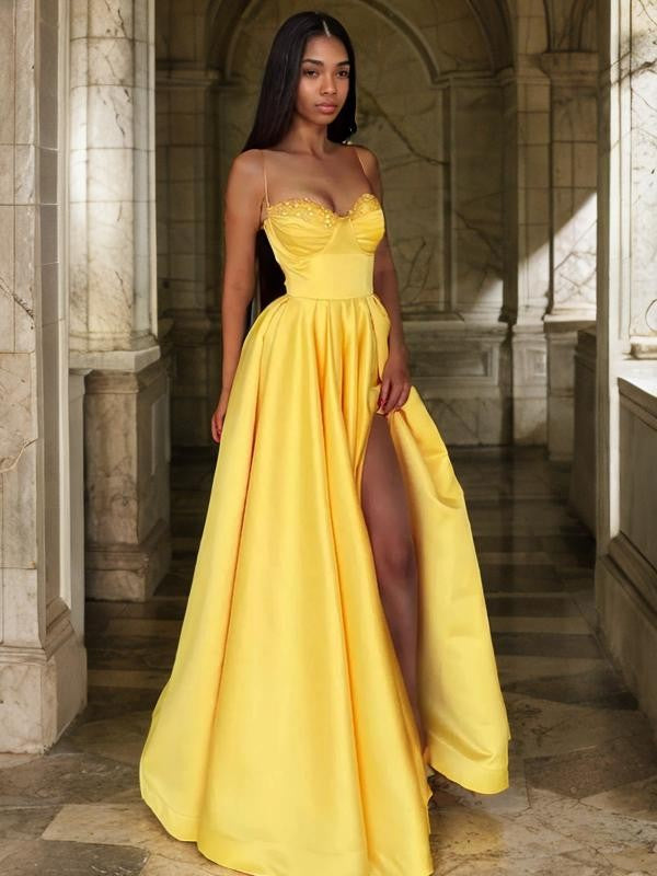 A-Line/Princess Satin Ruffles Spaghetti Straps Sleeveless Floor-Length Dresses Prom Evening Dress