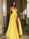 A-Line/Princess Satin Ruffles Spaghetti Straps Sleeveless Floor-Length Dresses Prom Evening Dress