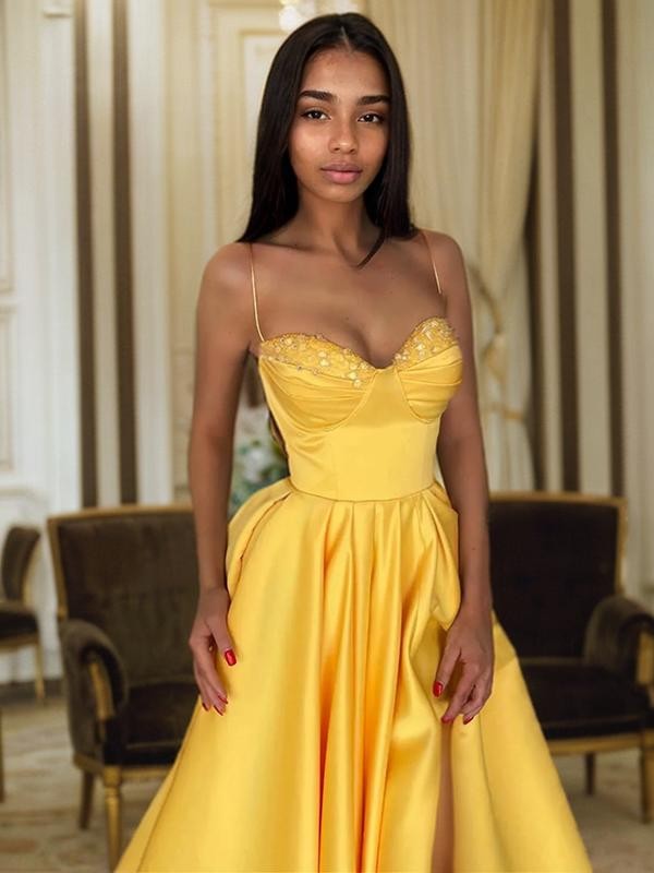 A-Line/Princess Satin Ruffles Spaghetti Straps Sleeveless Floor-Length Dresses Prom Evening Dress