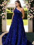 A-Linie/Princess-Linie Samt Pailletten Rüschen One-Shoulder-Träger Ärmellos Sweep/Pinsel Schleppe Große Größen Kleider Ball-/Abendkleid