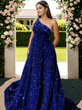 A-Linie/Princess-Linie Samt Pailletten Rüschen One-Shoulder-Träger Ärmellos Sweep/Pinsel Schleppe Große Größen Kleider Ball-/Abendkleid