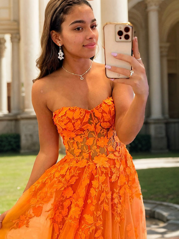 A-Line/Princess Tulle Applique Sweetheart Sleeveless Sweep/Brush Train Evening Dresses Prom Dress