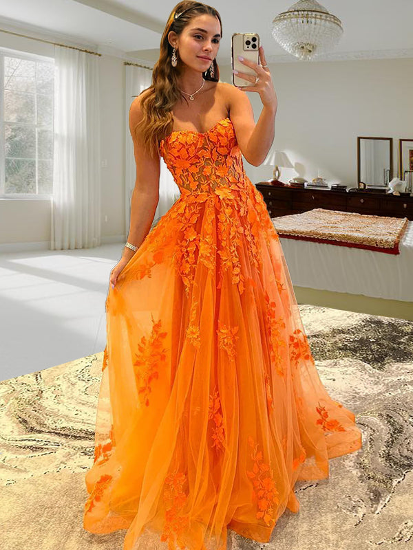 A-Line/Princess Tulle Applique Sweetheart Sleeveless Sweep/Brush Train Evening Dresses Prom Dress