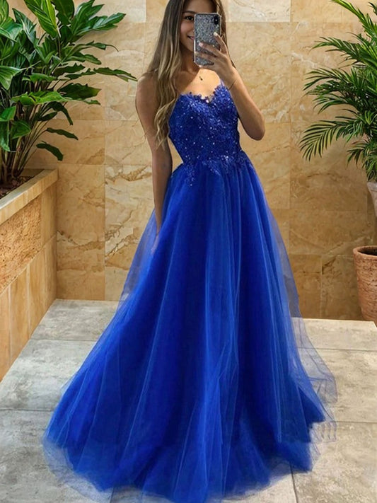 A-Linie/Princess-Linie Tüll Applikationen Spaghettiträger Ärmellos Sweep/Pinsel zug Abendkleider Ballkleid