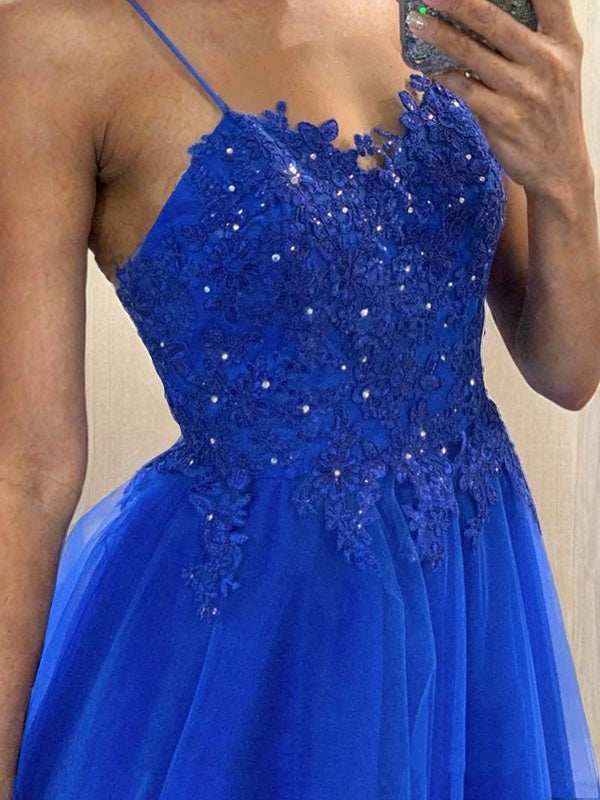 A-Linie/Princess-Linie Tüll Applikationen Spaghettiträger Ärmellos Sweep/Pinsel zug Abendkleider Ballkleid