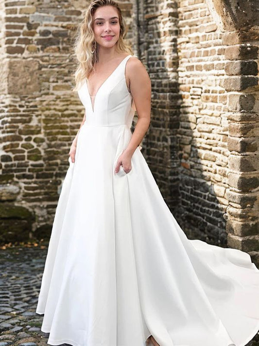 A-Line/Princess Satin Bowknot V-neck Sleeveless Court Train Wedding Dresses Bridal Gowns