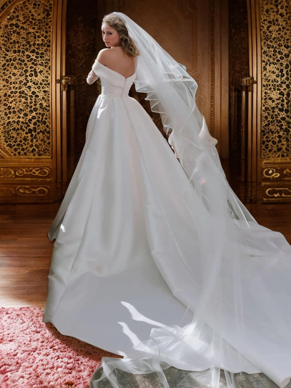 A-Line/Princess Satin Ruched Off-the-Shoulder Sleeveless Cathedral Train Wedding Dresses Bridal Gowns