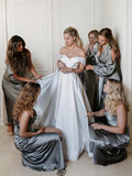 A-Line/Princess Satin Ruched Off-the-Shoulder Sleeveless Cathedral Train Wedding Dresses Bridal Gowns