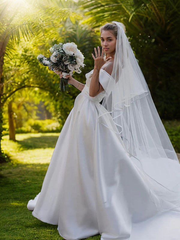 A-Line/Princess Satin Ruched Off-the-Shoulder Sleeveless Cathedral Train Wedding Dresses Bridal Gowns
