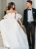 A-Line/Princess Tulle Applique Sweetheart Short Sleeves Court Train Wedding Dresses Bridal Gowns