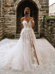 A-Line/Princess Tulle Applique Off-the-Shoulder Sleeveless Chapel Train Wedding Dresses Bridal Gowns