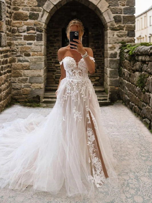 A-Line/Princess Tulle Applique Off-the-Shoulder Sleeveless Chapel Train Wedding Dresses Bridal Gowns