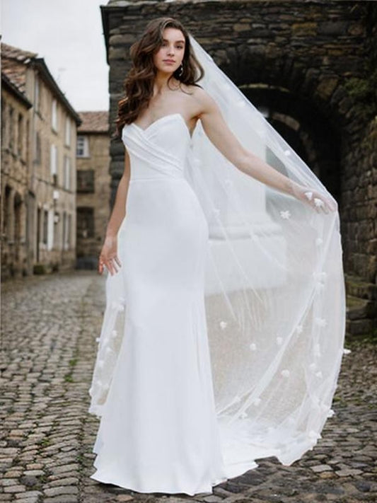 Sheath/Column Stretch Crepe Ruched Sweetheart Sleeveless Sweep/Brush Train Wedding Dresses Bridal Gowns