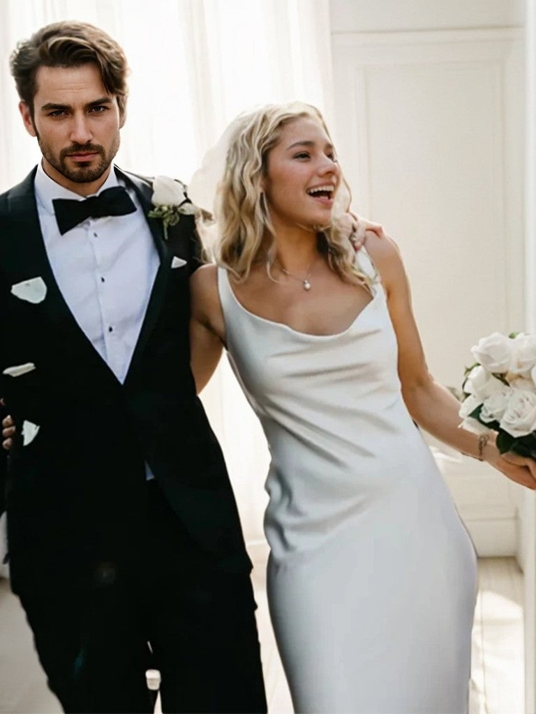 Sheath/Column Silk like Satin Straps Sleeveless Court Train Wedding Dresses Bridal Gowns