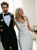 Sheath/Column Silk like Satin Straps Sleeveless Court Train Wedding Dresses Bridal Gowns