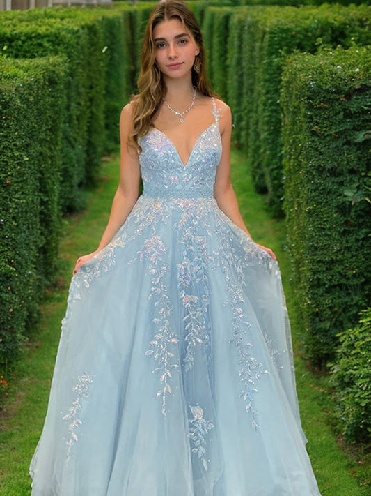 A-Line/Princess Tulle Applique V-neck Sleeveless Sweep/Brush Train Dresses Prom Evening Dress