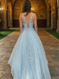 A-Line/Princess Tulle Applique V-neck Sleeveless Sweep/Brush Train Dresses Prom Evening Dress