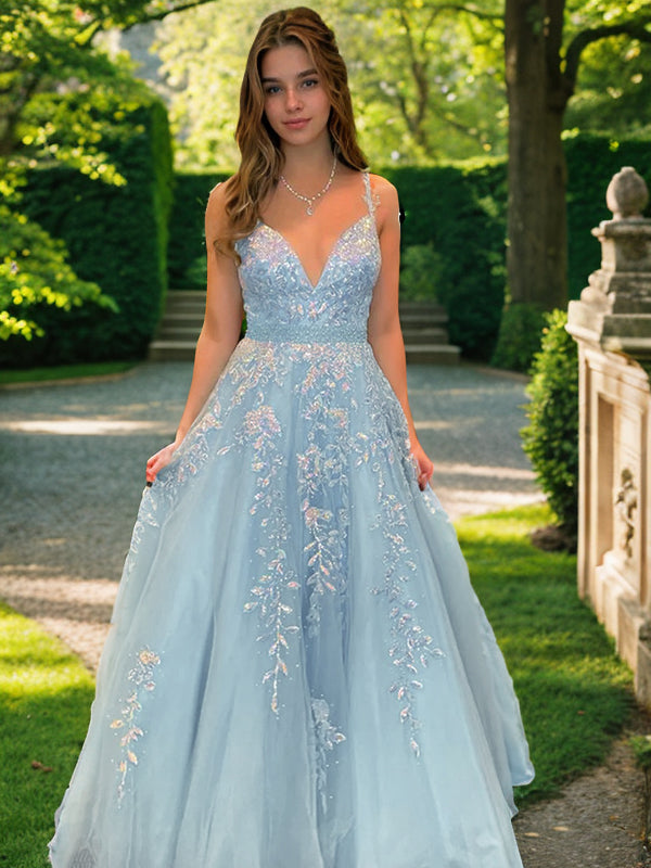 A-Line/Princess Tulle Applique V-neck Sleeveless Sweep/Brush Train Dresses Prom Evening Dress
