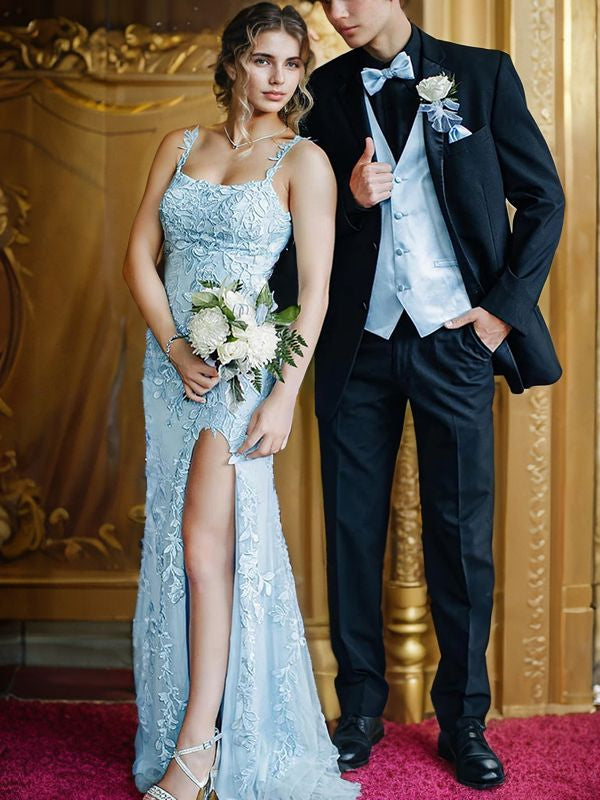 Sheath/Column Tulle Applique Straps Sleeveless Sweep/Brush Train Dresses Prom Evening Dress