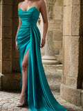 Sheath/Column Silk like Satin Ruched Sweetheart Sleeveless Sweep/Brush Train Dresses Prom Dress