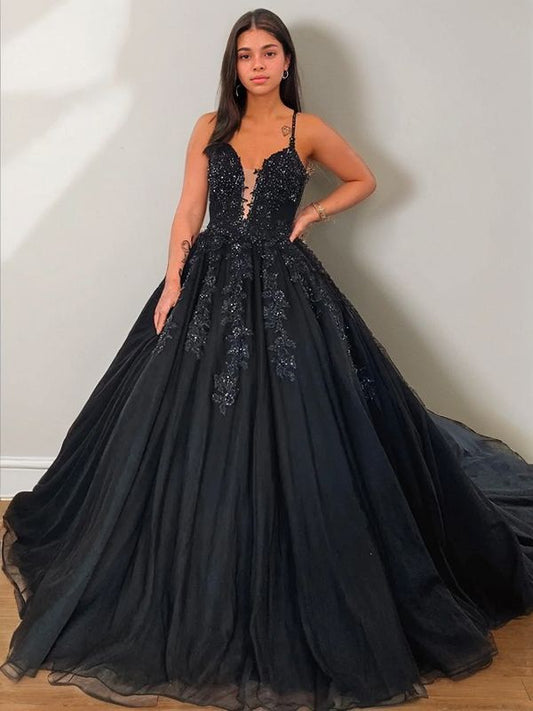 Ballkleid Tüll Applikation V-Ausschnitt Ärmellos Hofschleppe Kleider Ballkleid Ballkleider