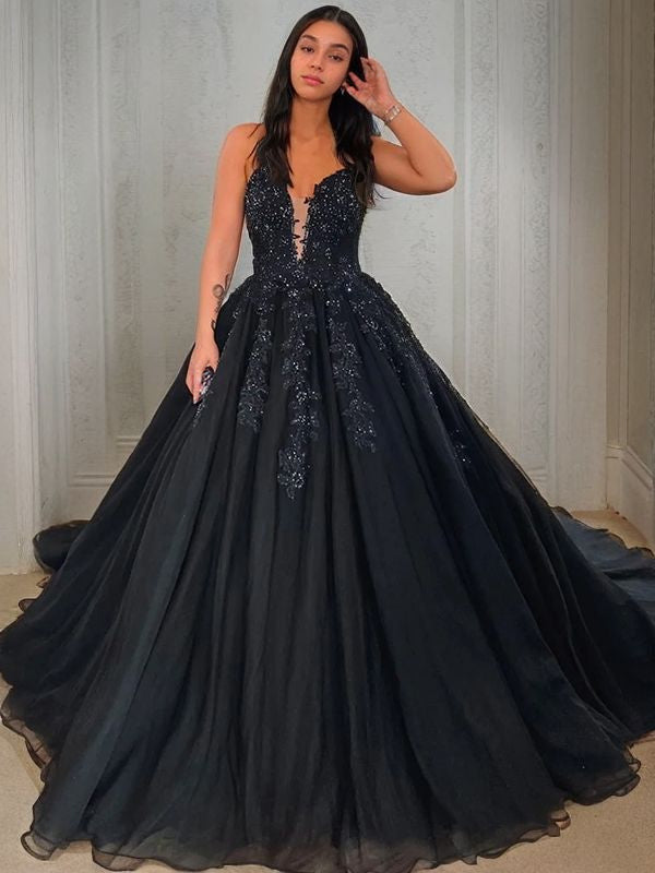 Ballkleid Tüll Applikation V-Ausschnitt Ärmellos Hofschleppe Kleider Ballkleid Ballkleider