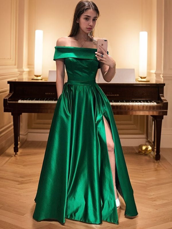 A-Line/Princess Satin Ruffles Off-the-Shoulder Sleeveless Floor-Length Dresses Prom Dress