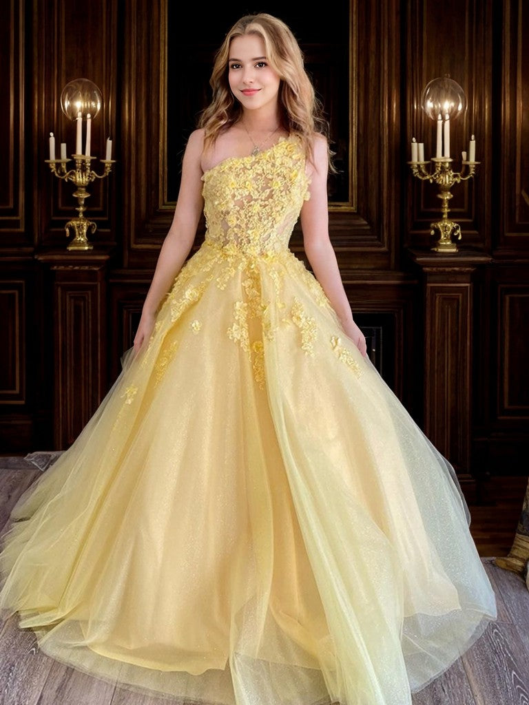 A-Line/Princess Tulle Applique One-Shoulder Sleeveless Sweep/Brush Train Dresses Prom Dress Ball Gowns