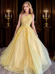 A-Line/Princess Tulle Applique One-Shoulder Sleeveless Sweep/Brush Train Dresses Prom Dress Ball Gowns