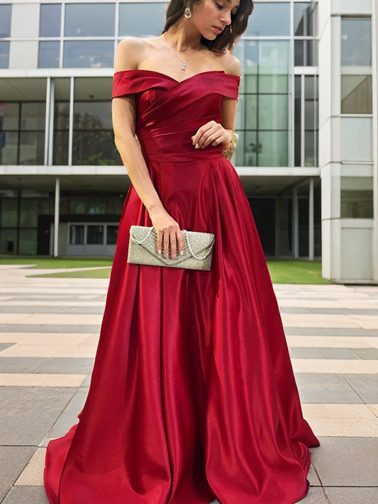 A-Line/Princess Satin Ruched Off-the-Shoulder Sleeveless Sweep/Brush Train Dresses Prom Evening Dress