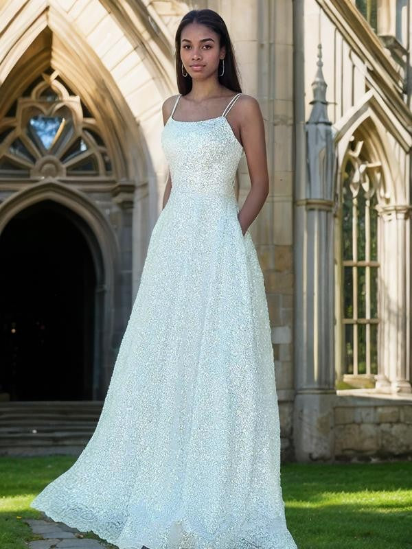 A-Line/Princess Sequins Spaghetti Straps Sleeveless Sweep/Brush Train Dresses Prom Evening Dress