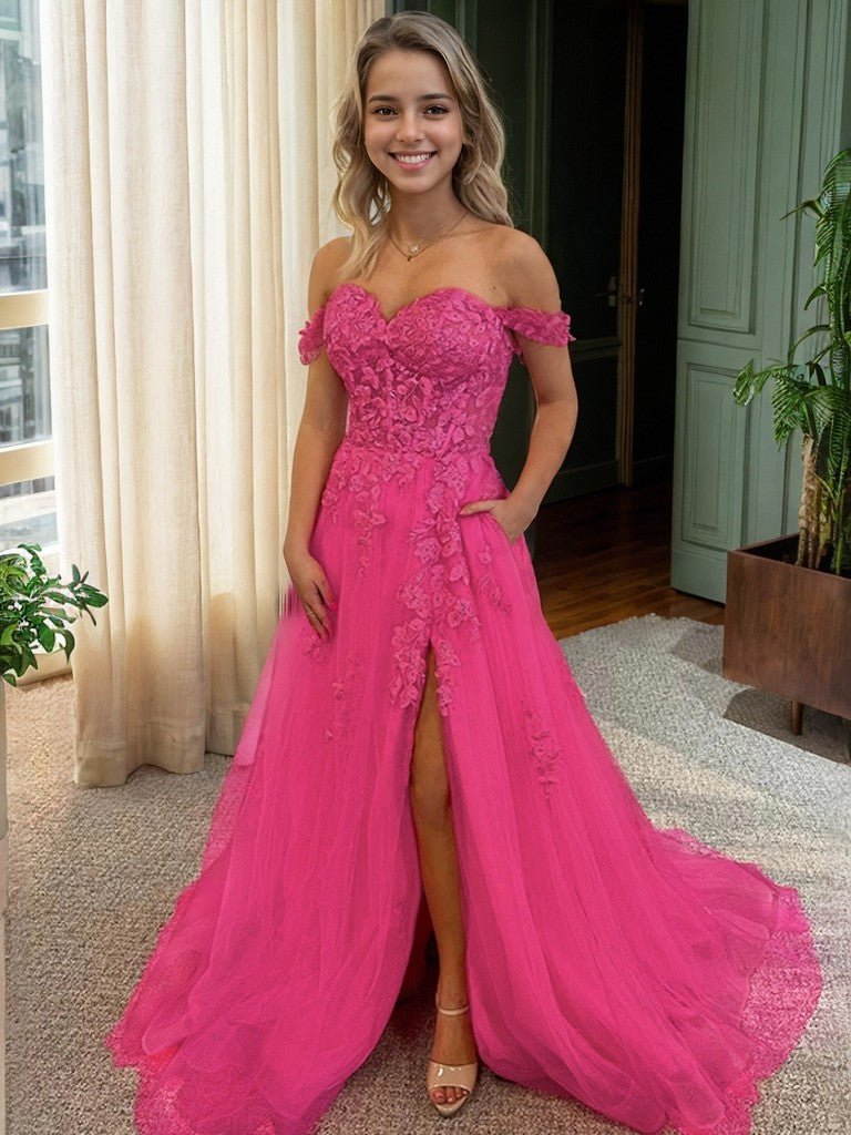 A-Line/Princess Tulle Applique Off-the-Shoulder Sleeveless Court Train Dresses Prom Evening Dress