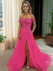 A-Line/Princess Tulle Applique Off-the-Shoulder Sleeveless Court Train Dresses Prom Evening Dress