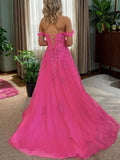 A-Line/Princess Tulle Applique Off-the-Shoulder Sleeveless Court Train Dresses Prom Evening Dress