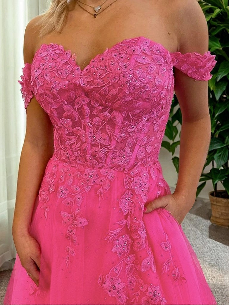 A-Line/Princess Tulle Applique Off-the-Shoulder Sleeveless Court Train Dresses Prom Evening Dress