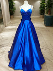 A-Line/Princess Satin Bowknot V-neck Sleeveless Court Train Dresses Prom Dress Ball Gowns
